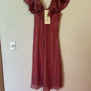 Freeway Red Flutter Sleeve Wrap Midi Dress